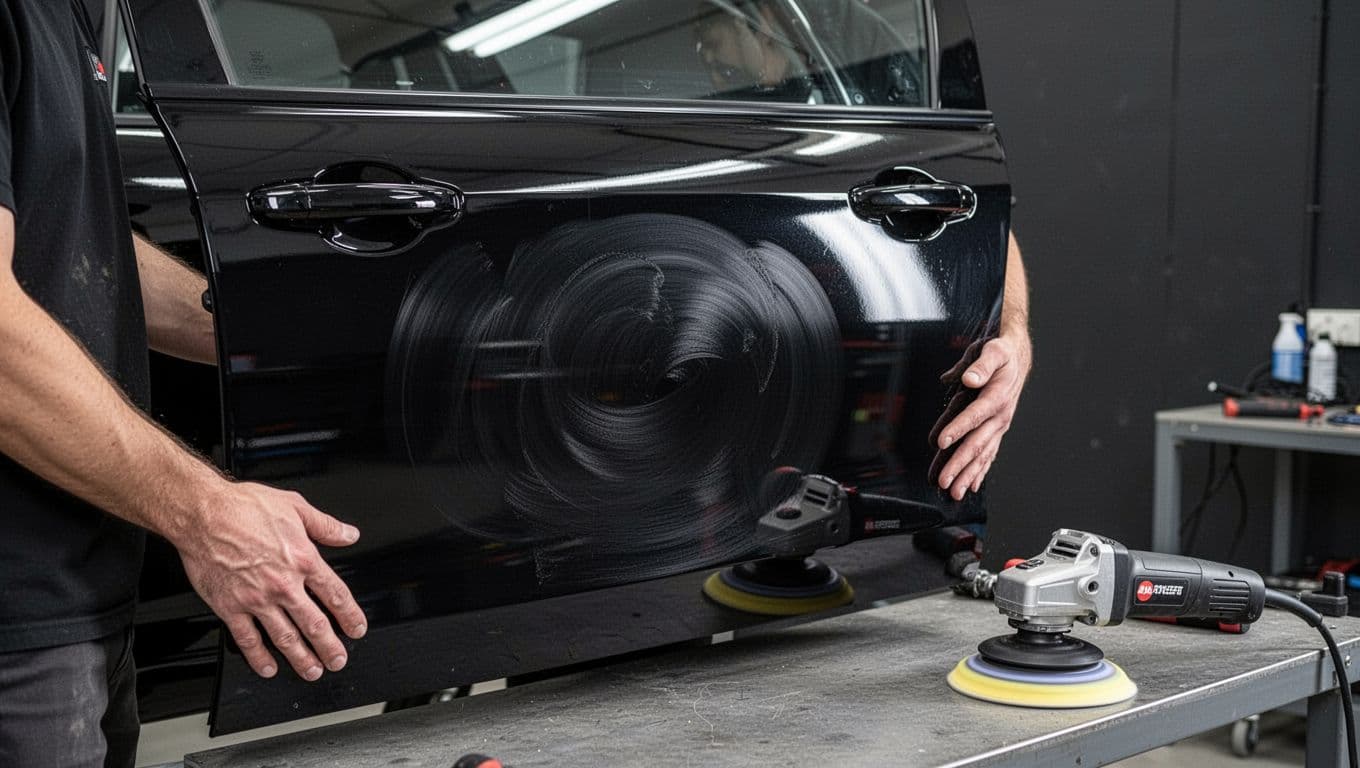 A detailer inspects swirl marks on a glossy black car door beside a polisher.