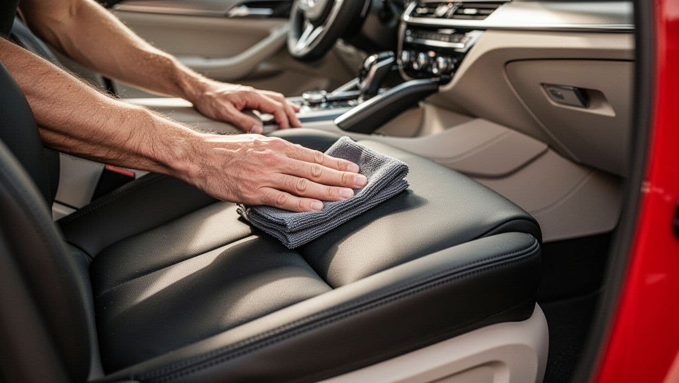 A hand applies conditioner to a black leather car seat.