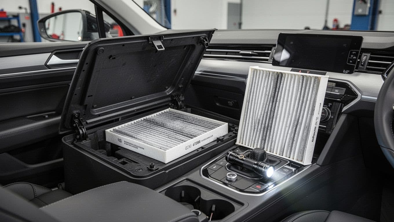 Open glovebox with a cabin filter, replacement filter, and flashlight nearby.