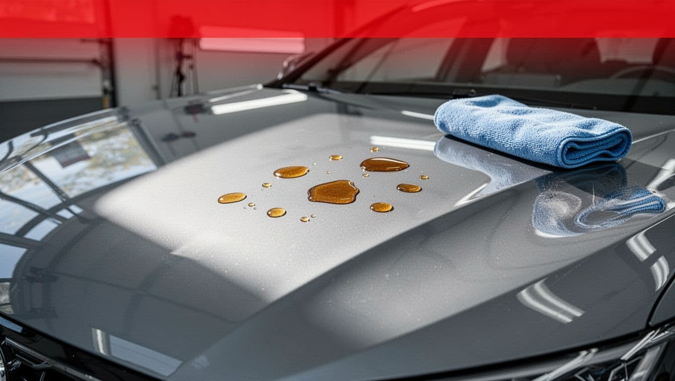 Car hood with amber sap spots and a microfiber towel in a detailing bay.