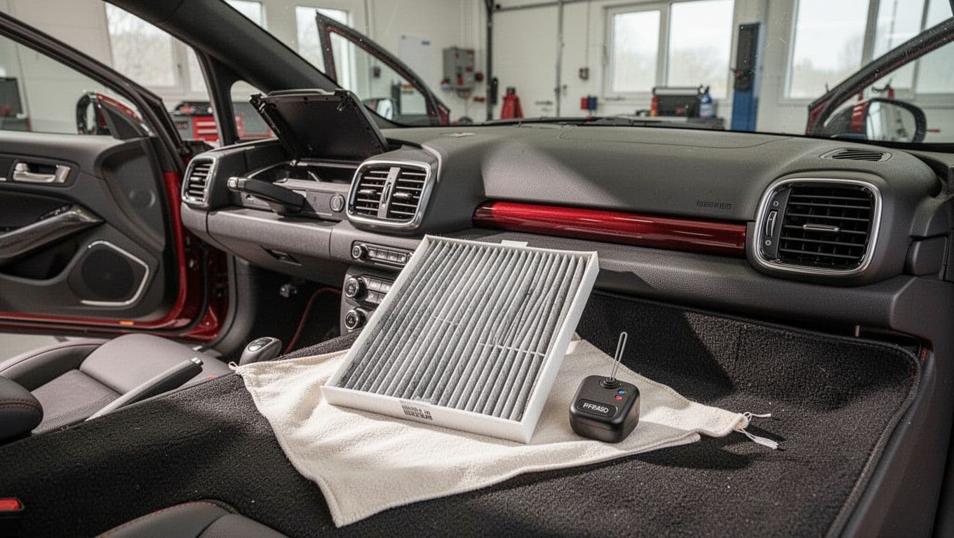 Clean car dashboard with an open vent, air filter, and deodorizing tool on a cloth.