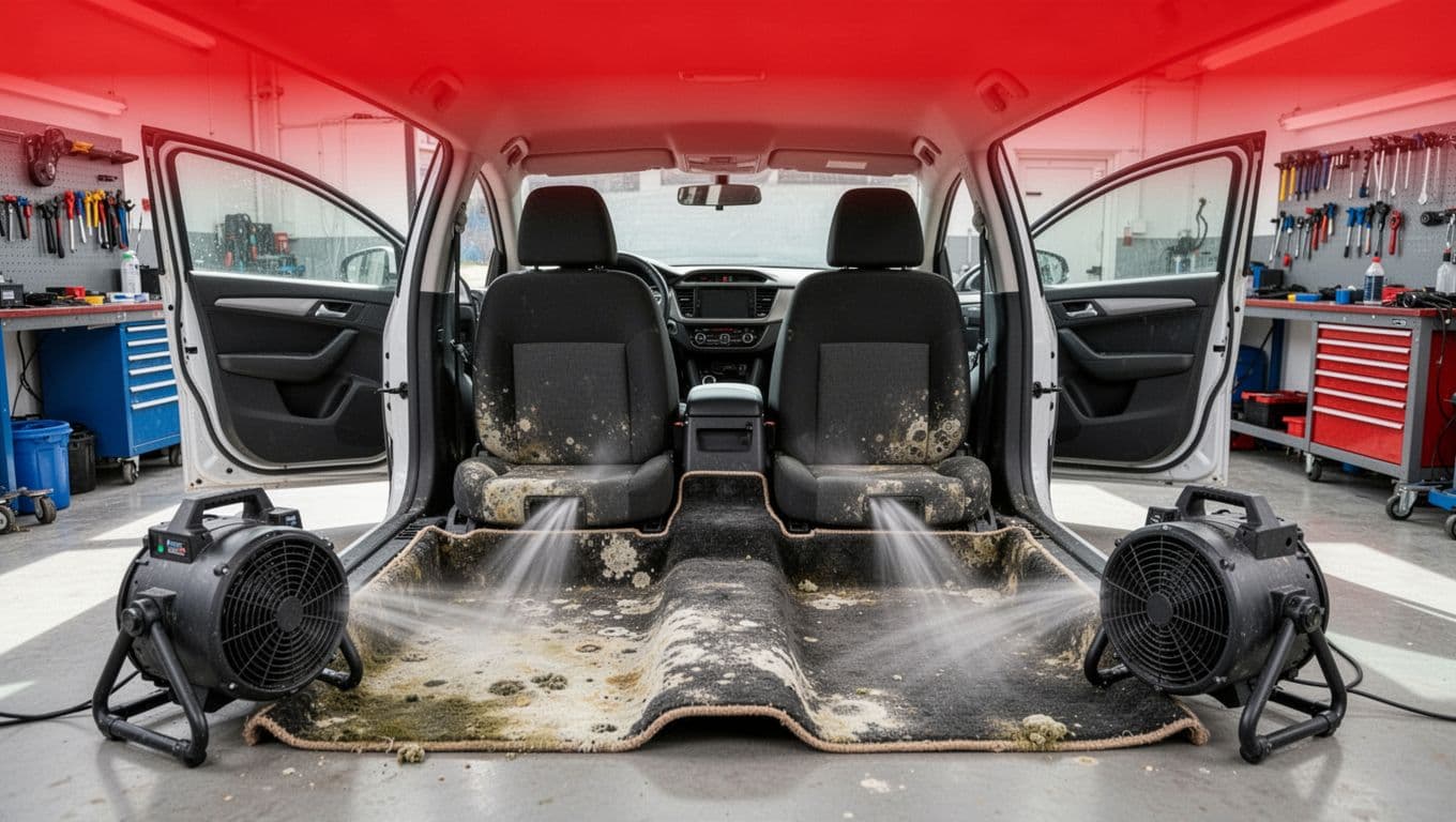 Clean car interior with lifted carpets, air movers, and an open door.