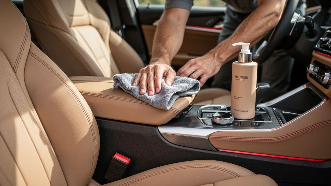 A hand wipes a car leather seat beside a leather-care bottle.