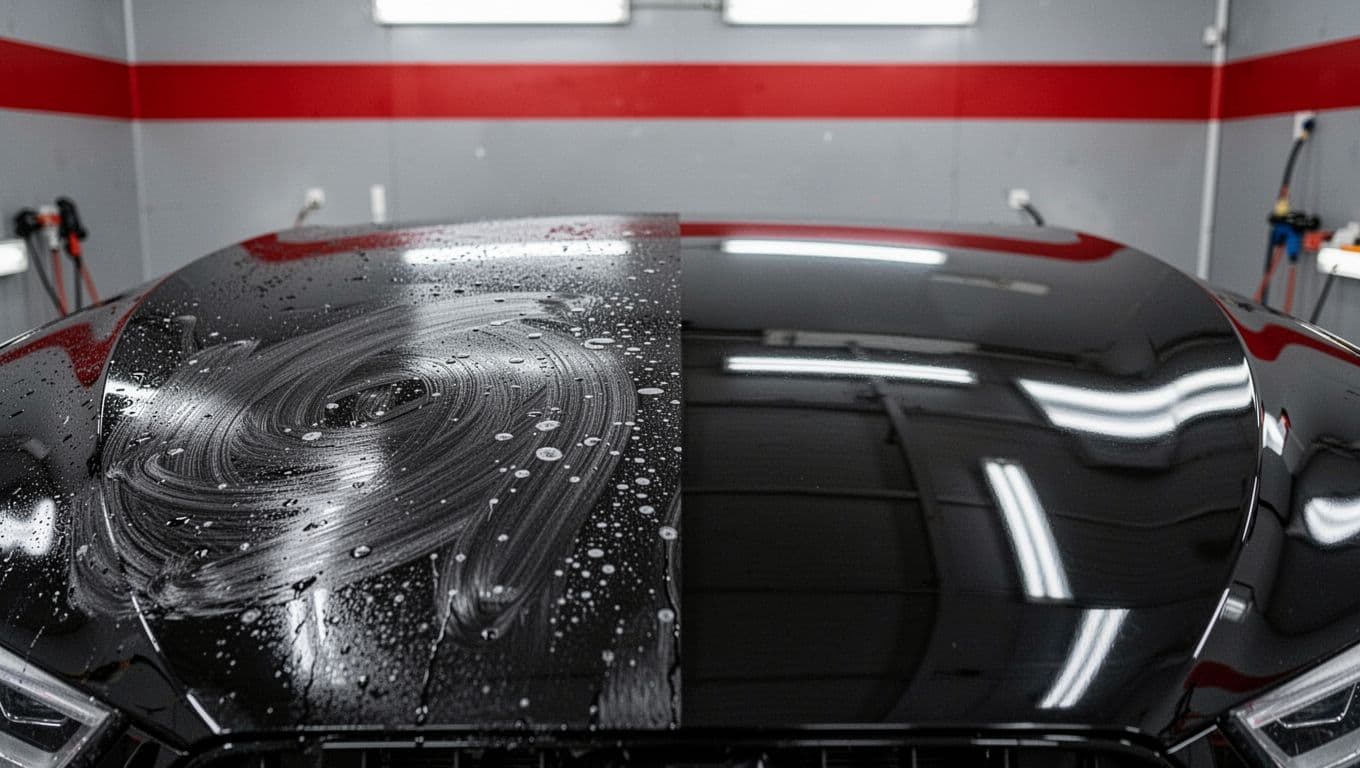 Black car hood shows swirl marks on one side and a polished reflection on the other.