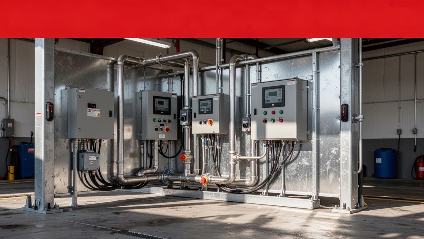 Car wash plumbing and electrical panels beneath a red Site Requirements banner.