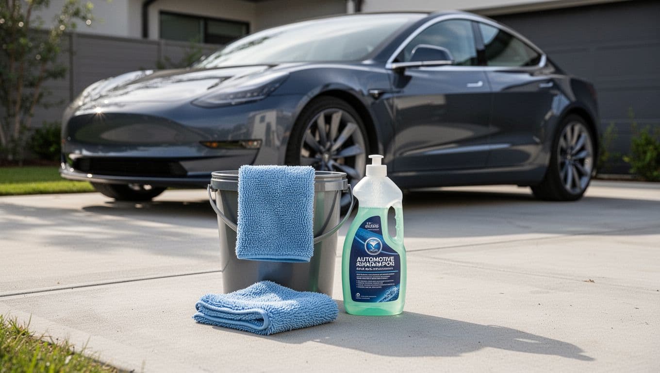 Car wash supplies sit beside a modern car on a concrete driveway.