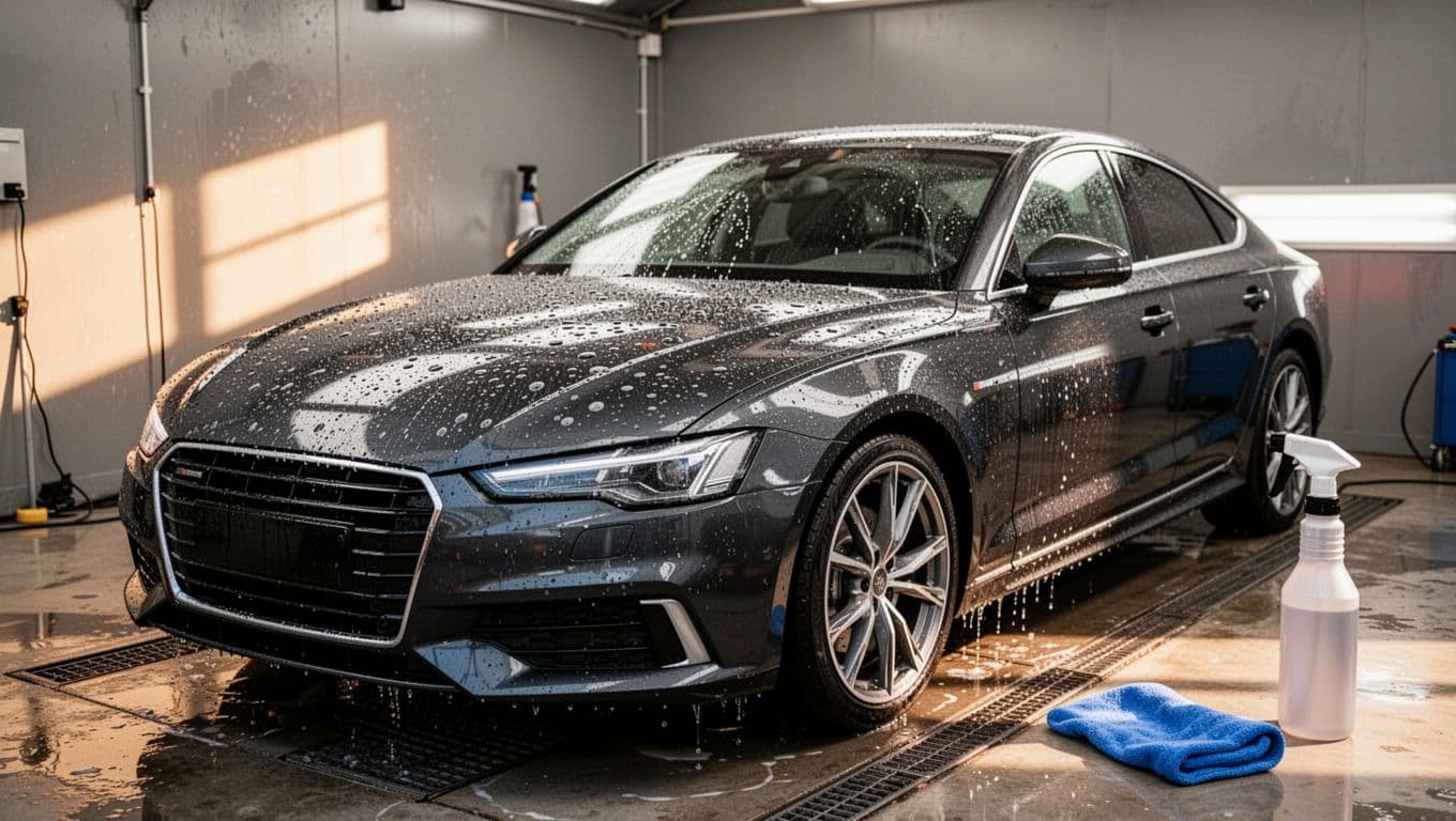 Dark car with water spots on its hood and roof in a detailing bay.