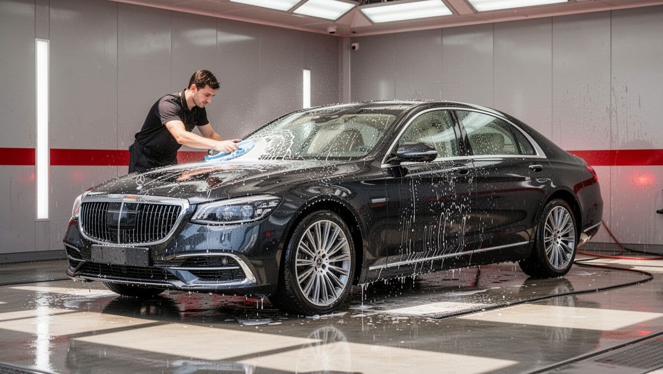 A dark sedan is hand washed in a bright professional detailing bay.