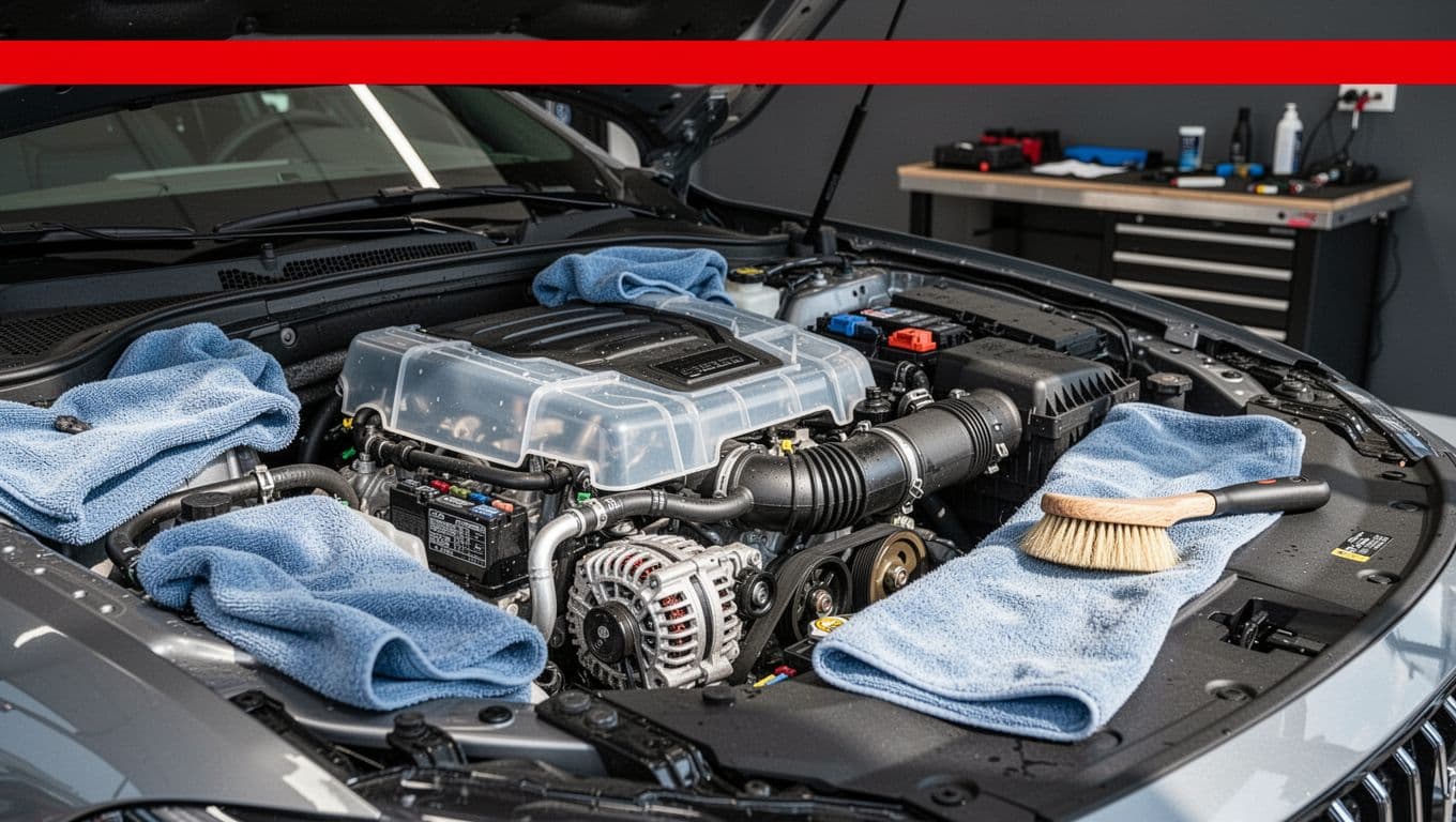 Clean engine bay with towels, brush, dry hoses, and protected electrical parts.