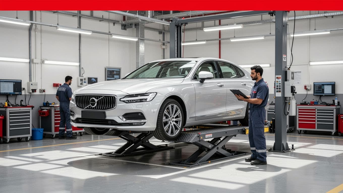 A clean car on a lift with one uniformed technician in a bright workshop.