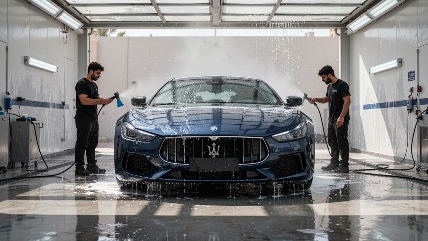 A technician washes a sleek car inside a shaded Dubai detailing facility.