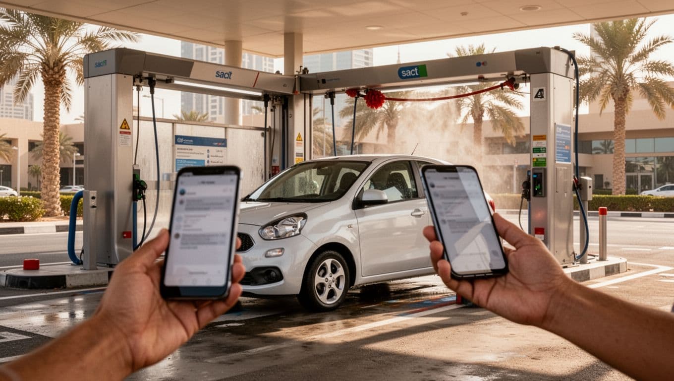 A compact car beside a Dubai car wash bay with a phone showing a search screen.