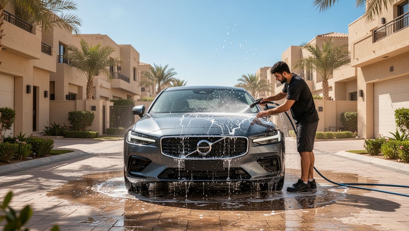 A person washes a modern car in a sunny Dubai driveway.
