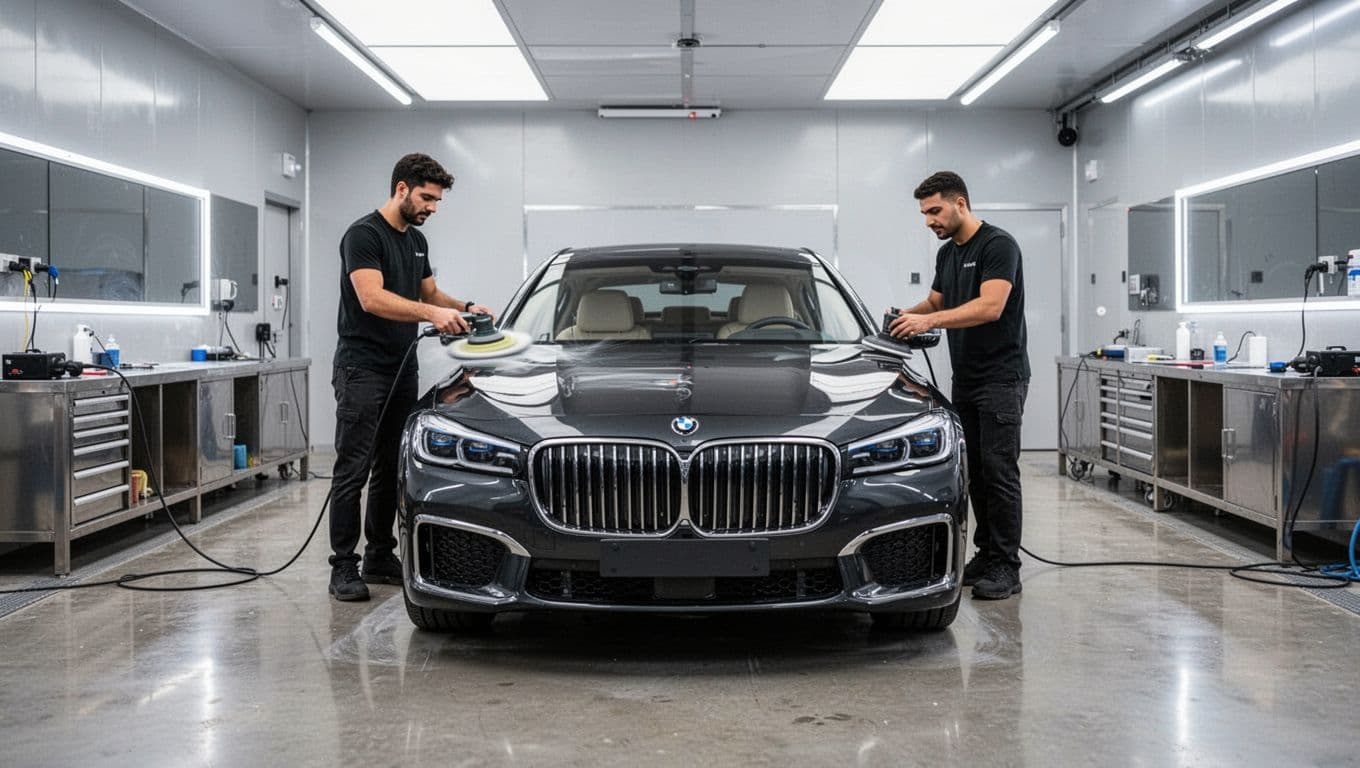 A technician polishes a luxury car in a modern workshop beneath a red banner.