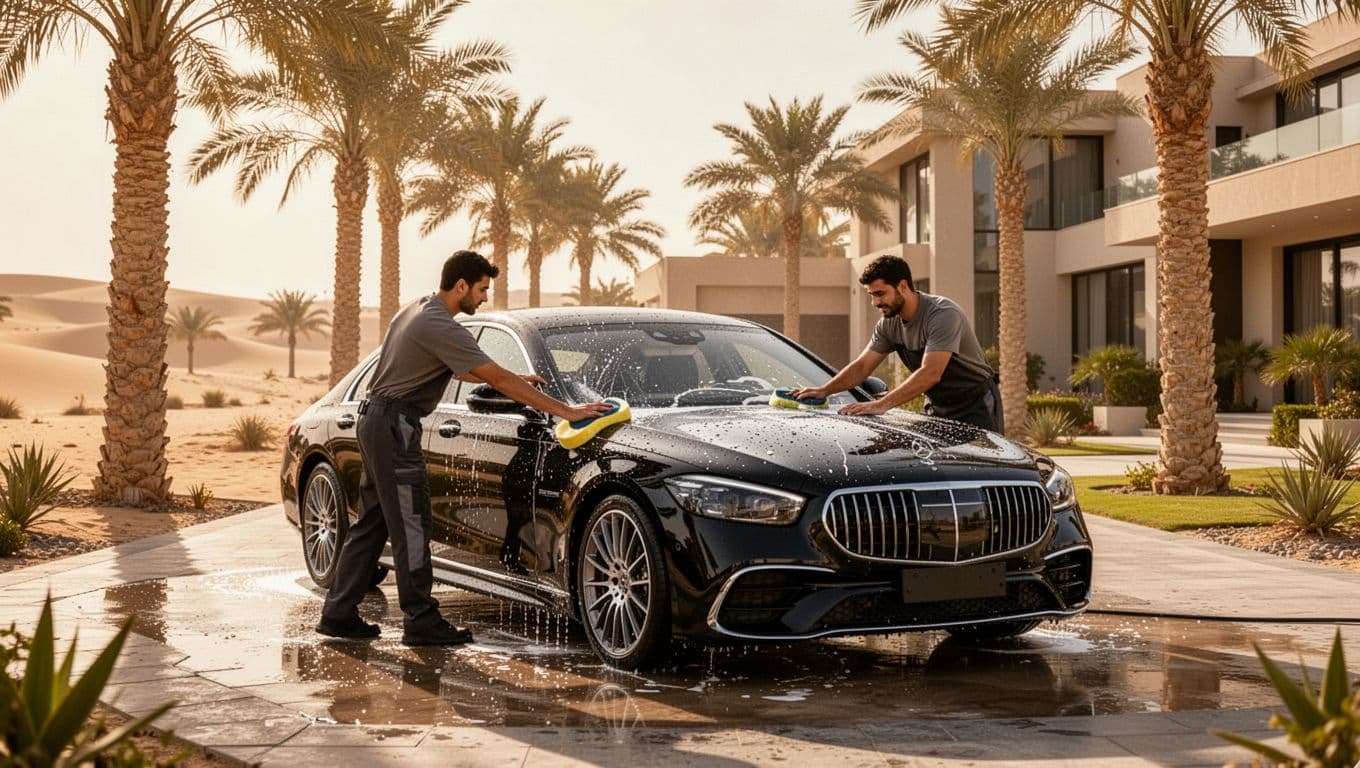 A worker washes a black luxury car in a sunny Dubai driveway.