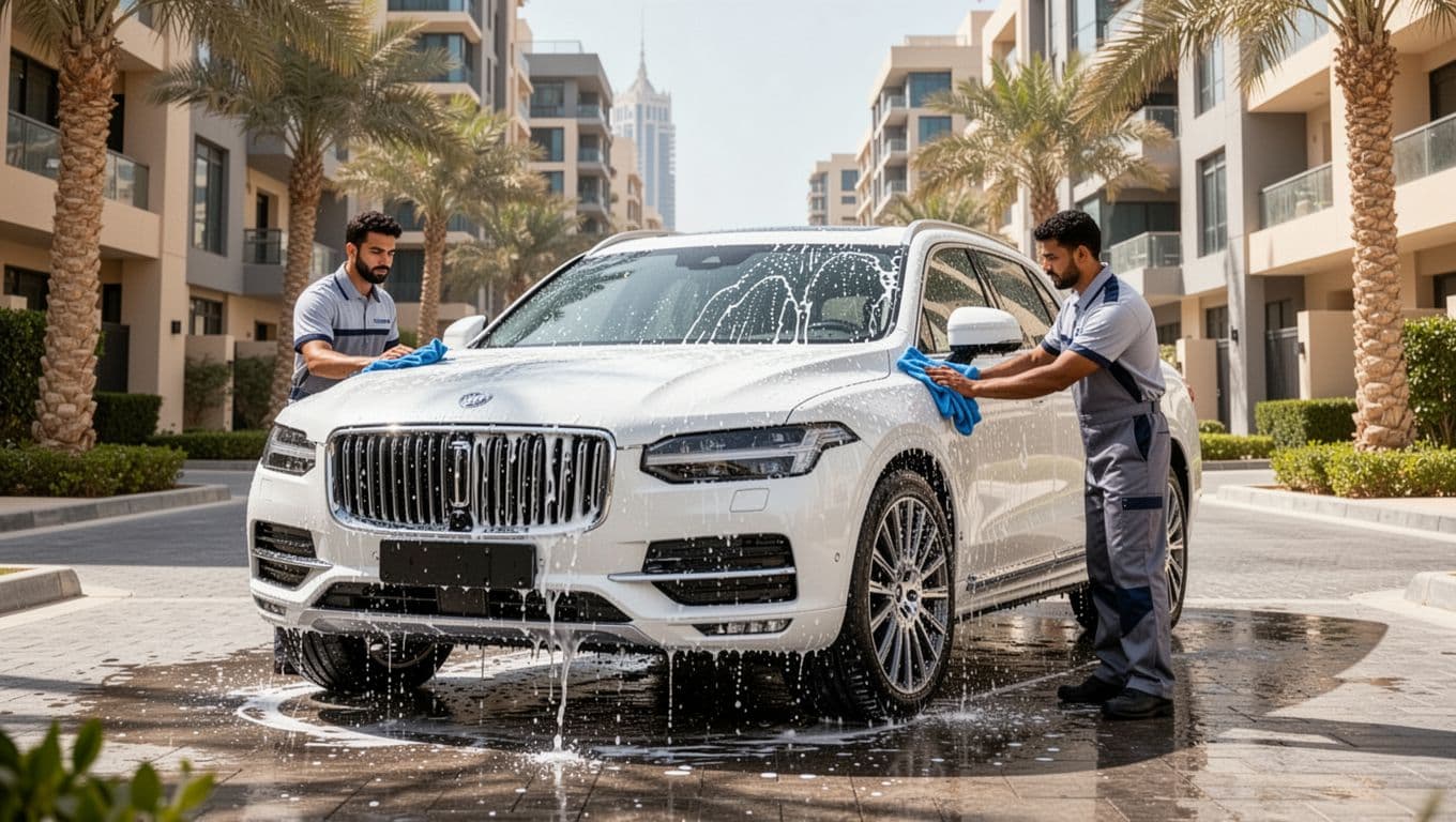 Technician washing a white SUV outside a modern Dubai residence.