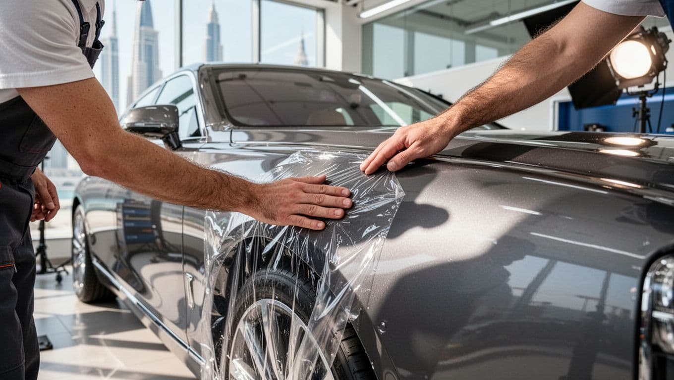 A detailer applies clear protective film to a luxury sedan's fender in a bright workshop.