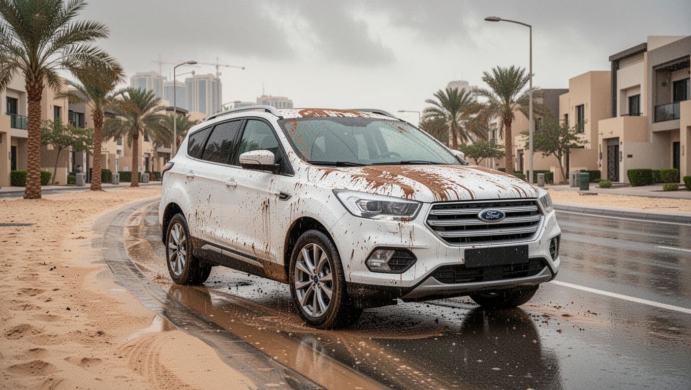 White SUV with muddy rain spots parked on a Dubai street.