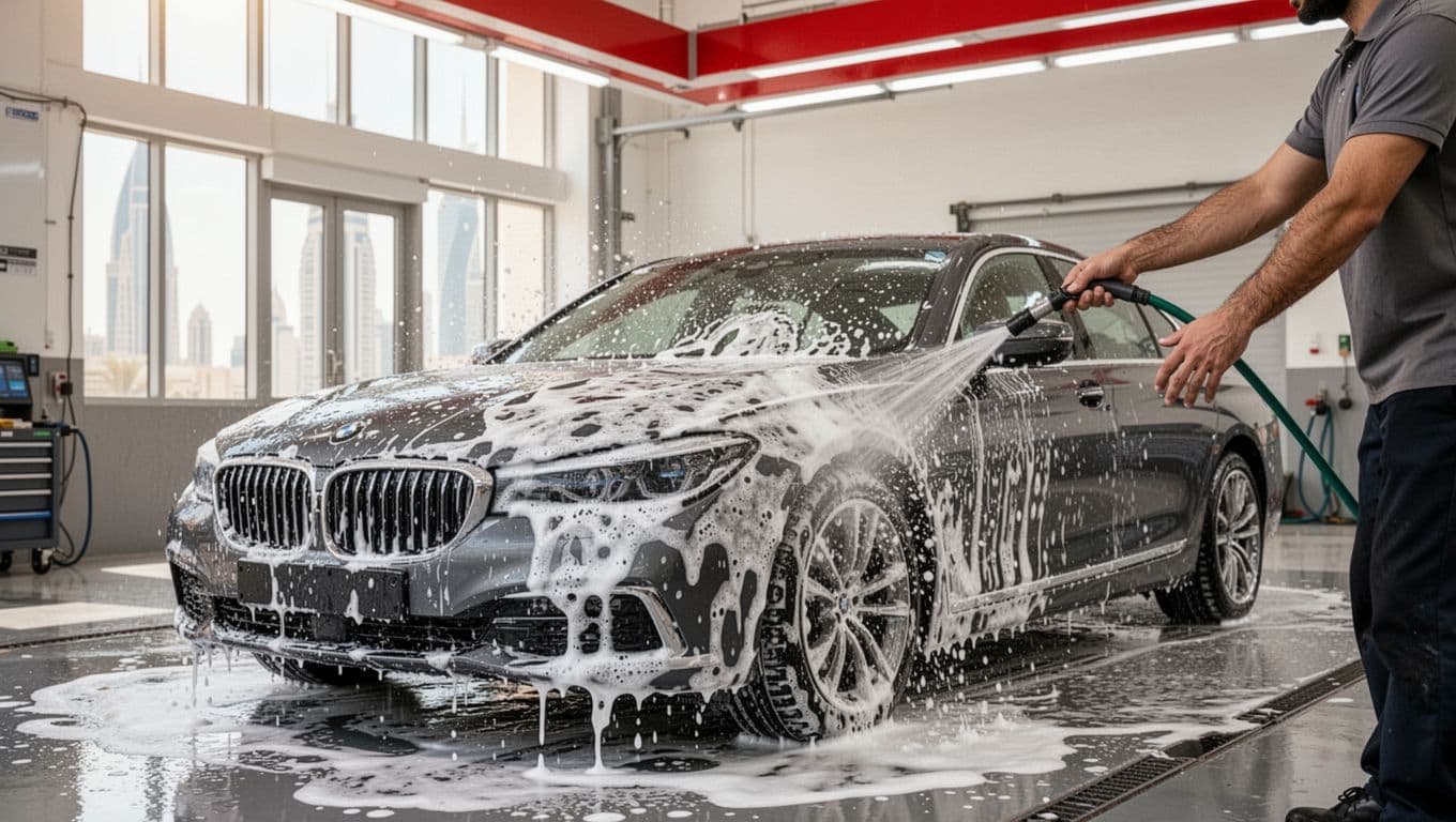A clean car covered in eco-friendly suds inside a modern garage.