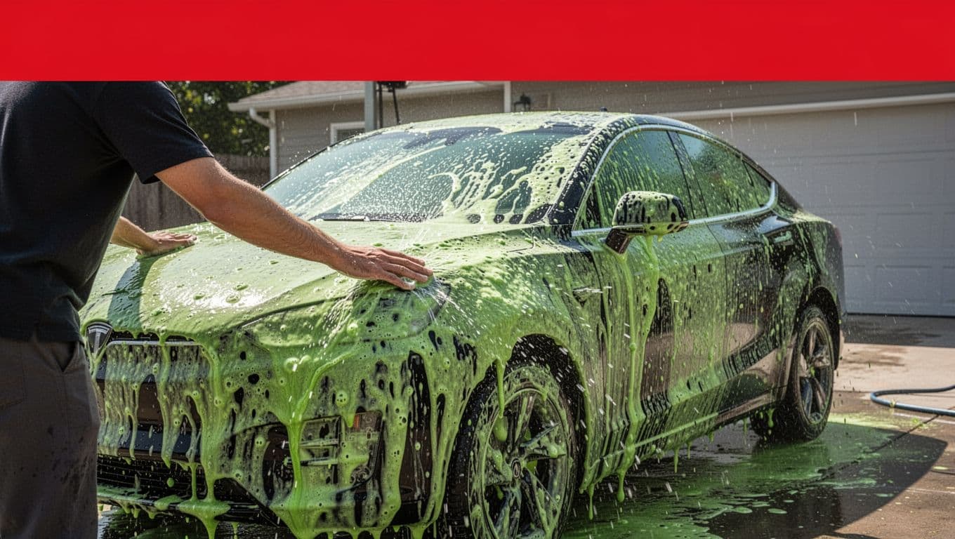 Green soap suds cover a car as one person washes its surface.
