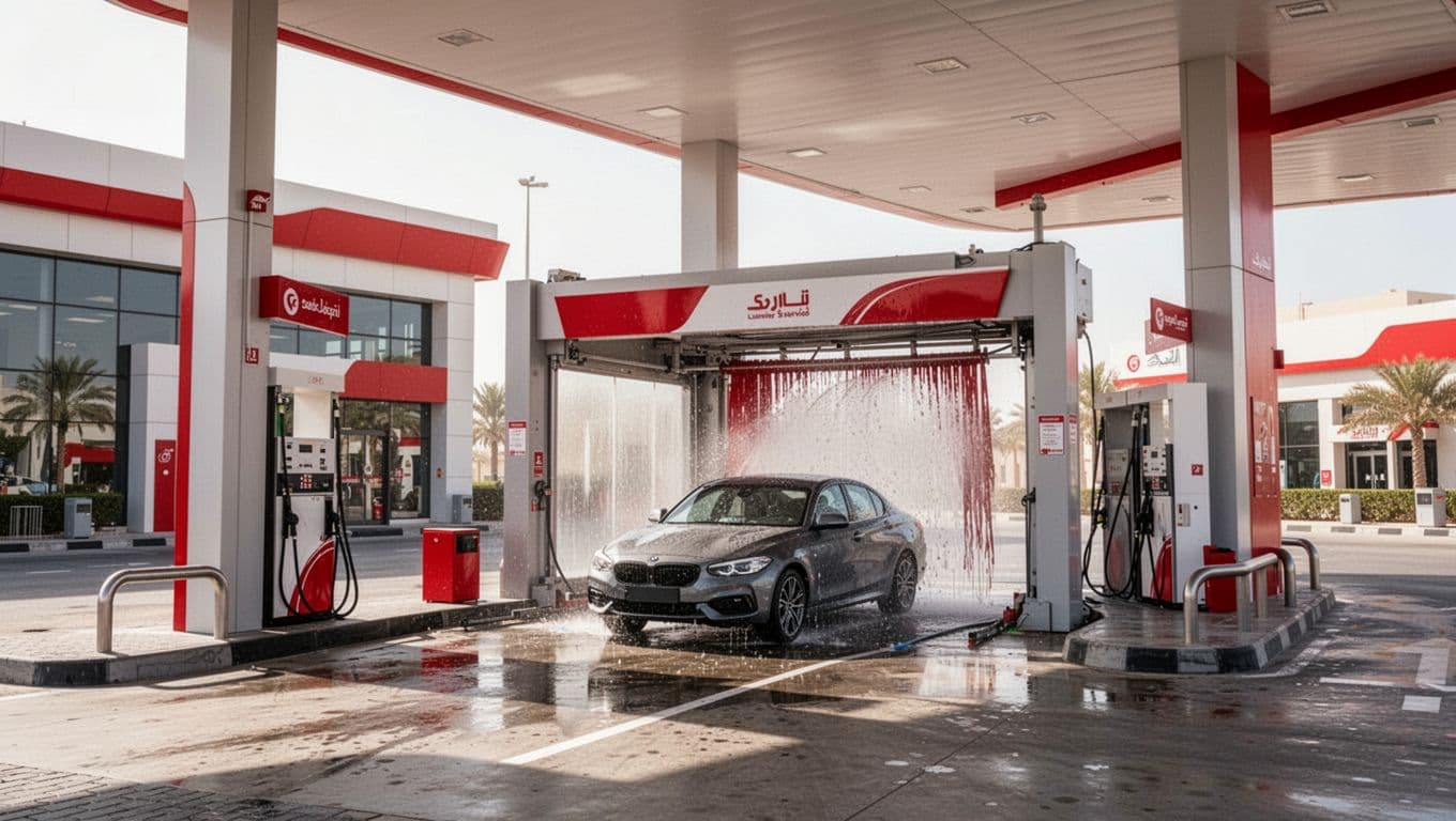 A red-accented ENOC station with one car in the active wash bay.