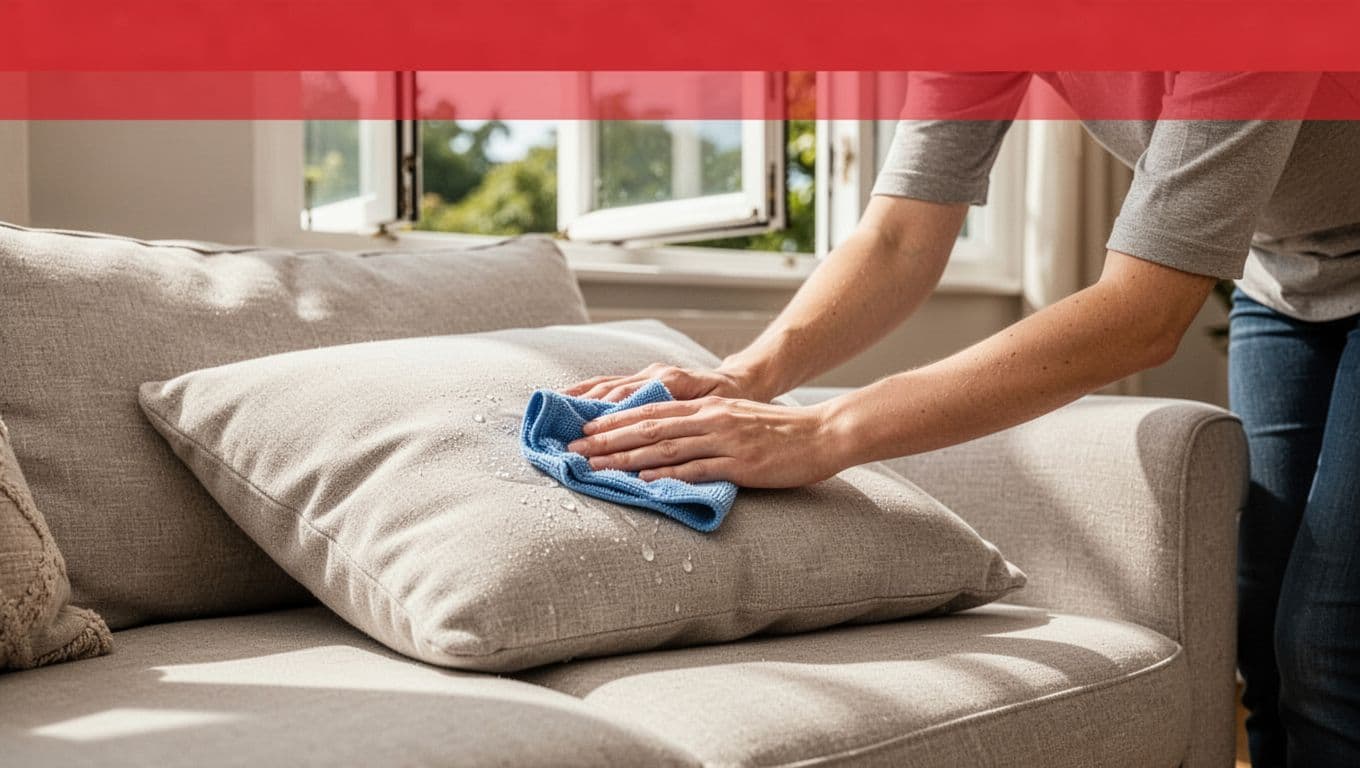 Person gently cleaning a light sofa cushion with a microfiber cloth near an open window.