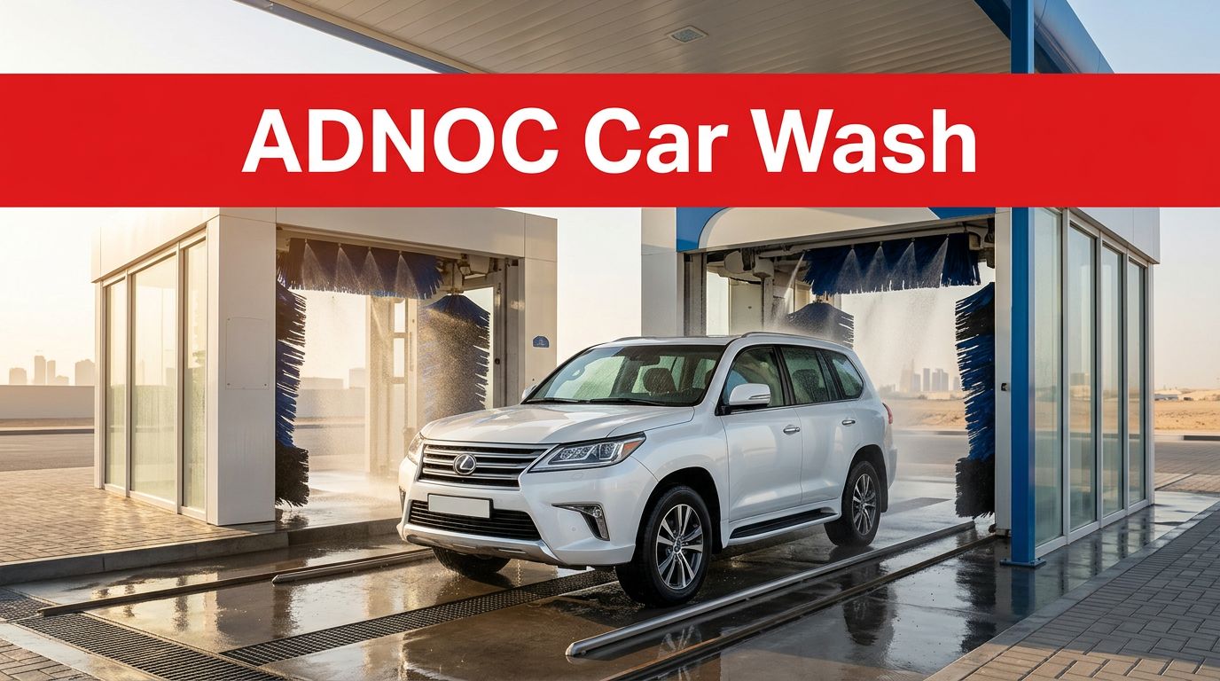 White SUV passing through a car wash at a modern UAE service station.