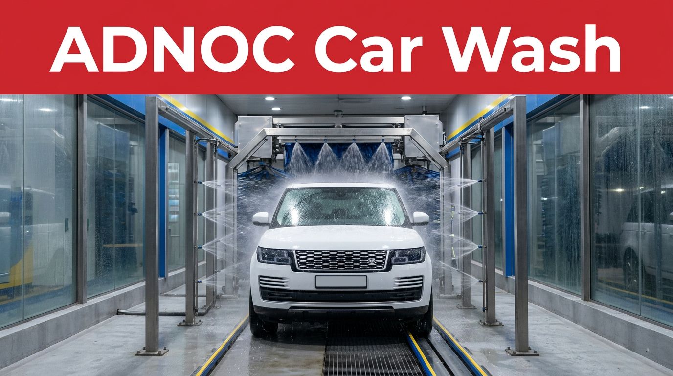 A white SUV passes through a modern car wash with water spraying around it.