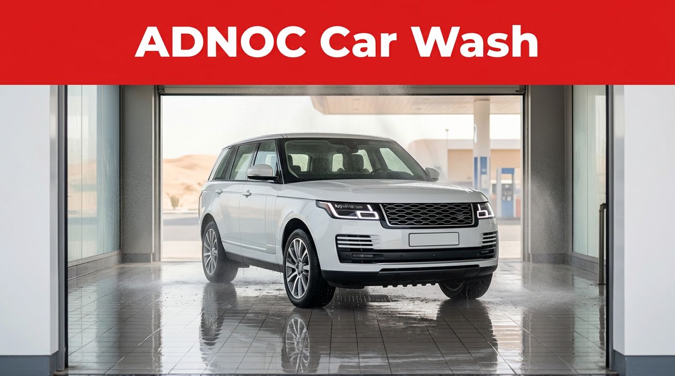 A white SUV is being washed inside a modern UAE fuel-station bay.