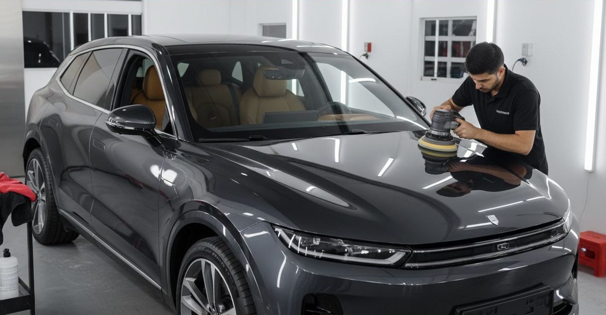 A detailer polishes a dark SUV in a bright professional workshop.