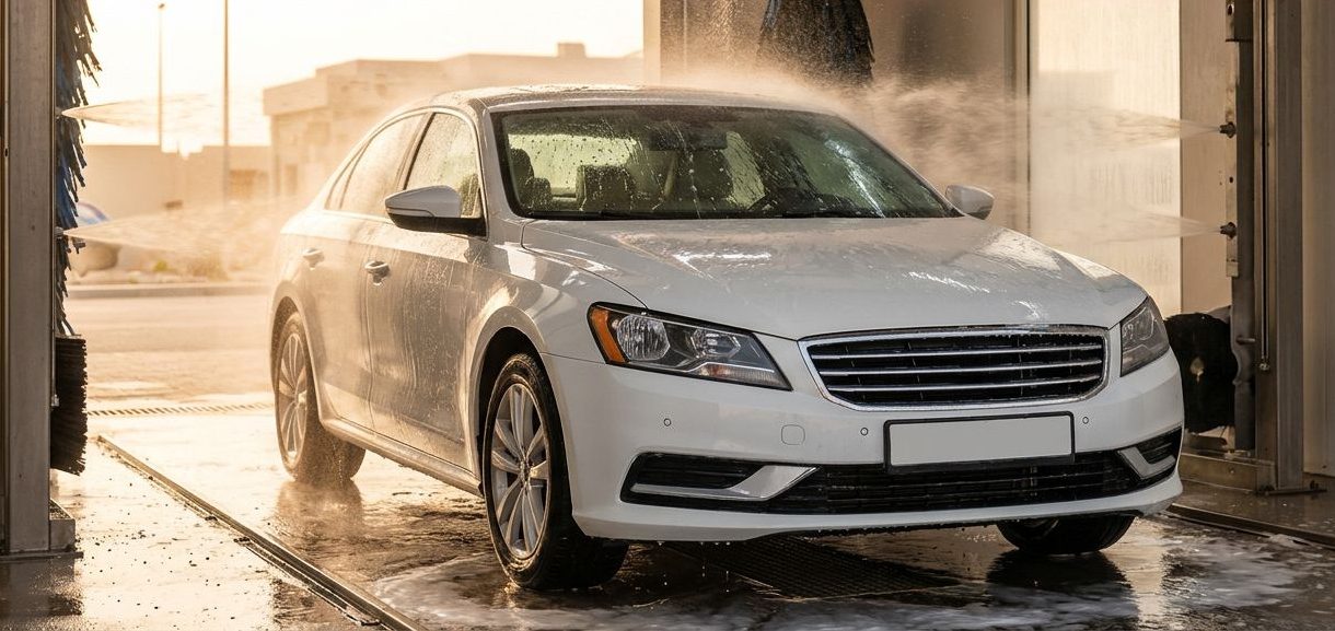 White sedan being cleaned by water jets and foam inside an automatic car wash.