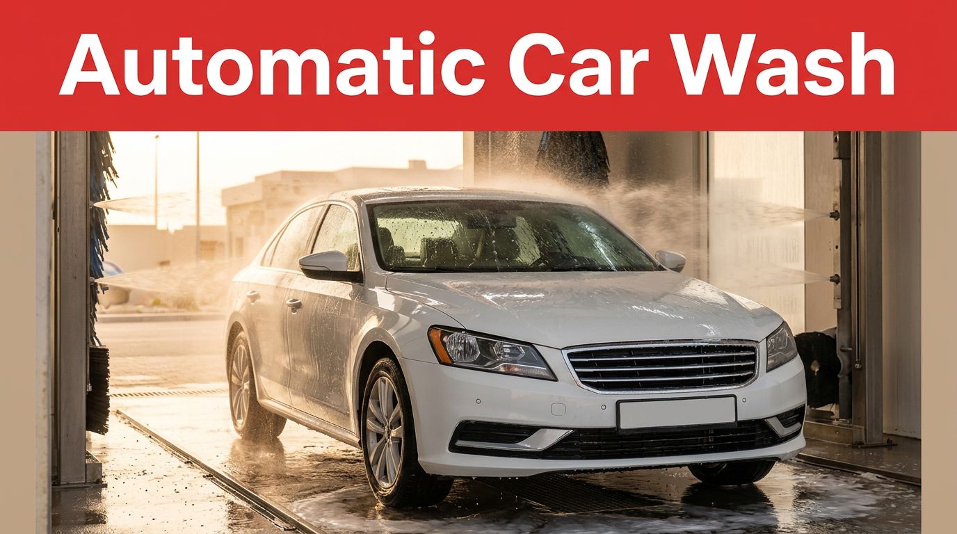 White sedan being cleaned by water jets and foam inside an automatic car wash.
