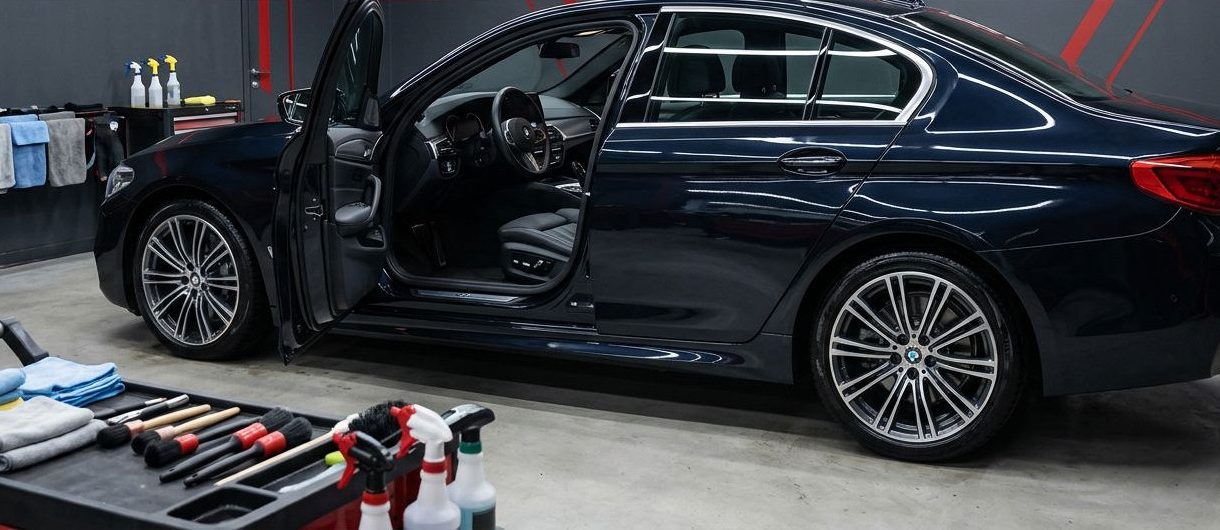 A polished dark sedan sits in a detailing bay beside towels and brushes.