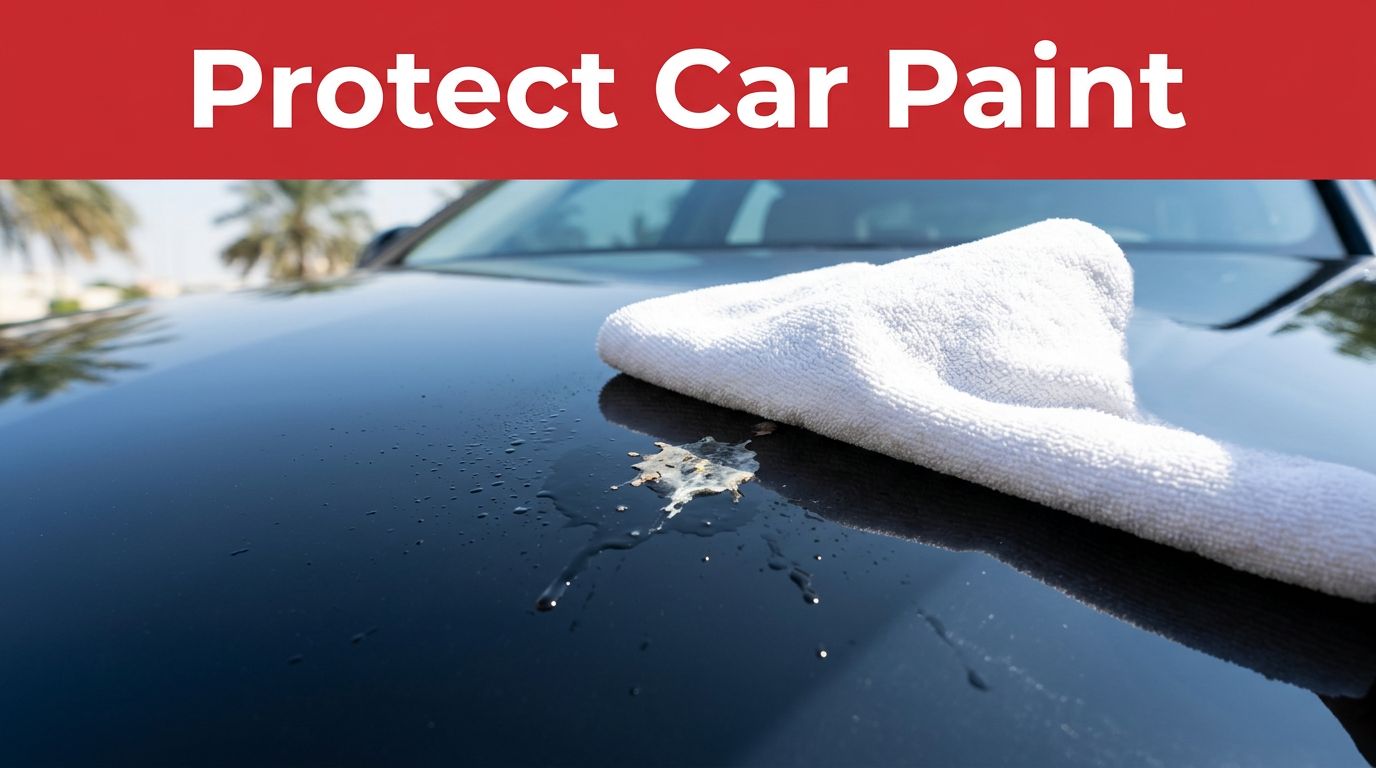 A white towel removes bird droppings from a glossy car hood.