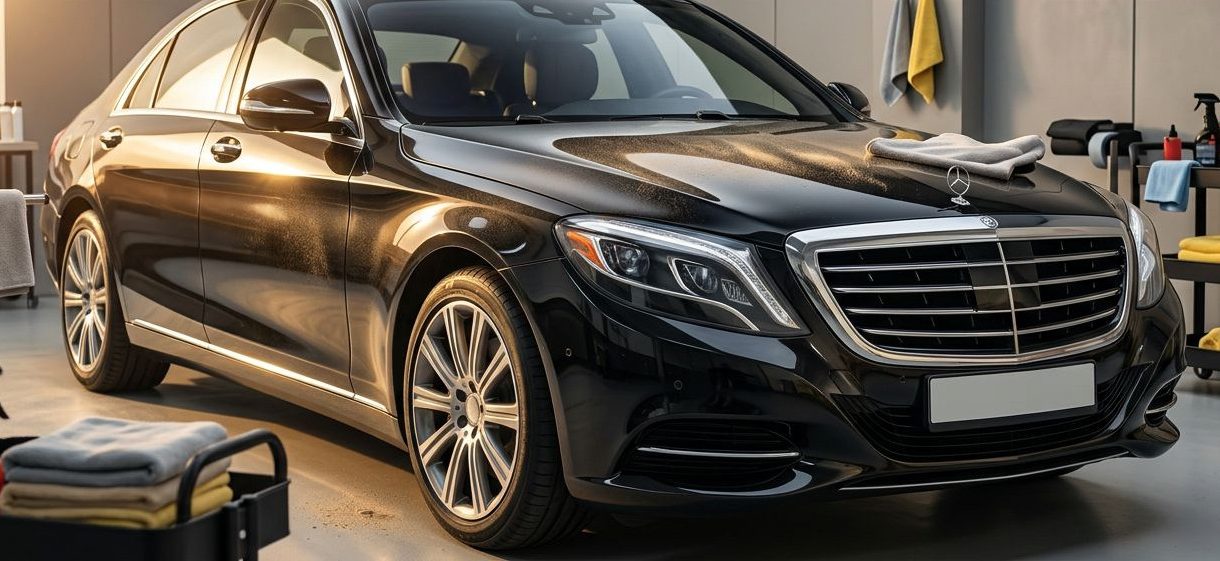 Black luxury sedan in a Dubai detailing studio with towels and tools nearby.