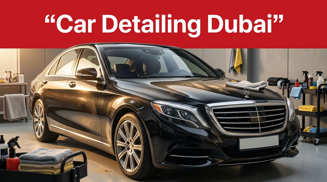Black luxury sedan in a Dubai detailing studio with towels and tools nearby.