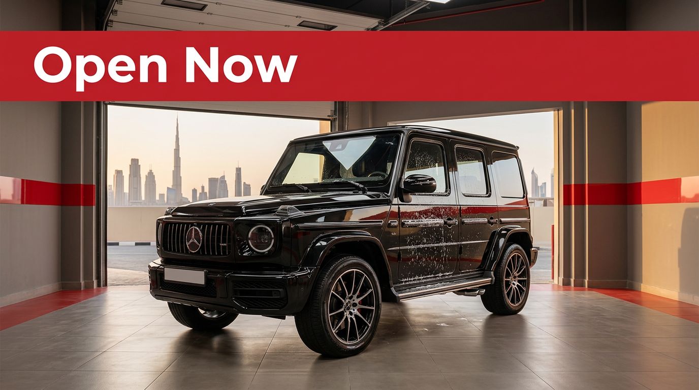 A black SUV is being cleaned in a Dubai studio beneath a red Open Now banner.