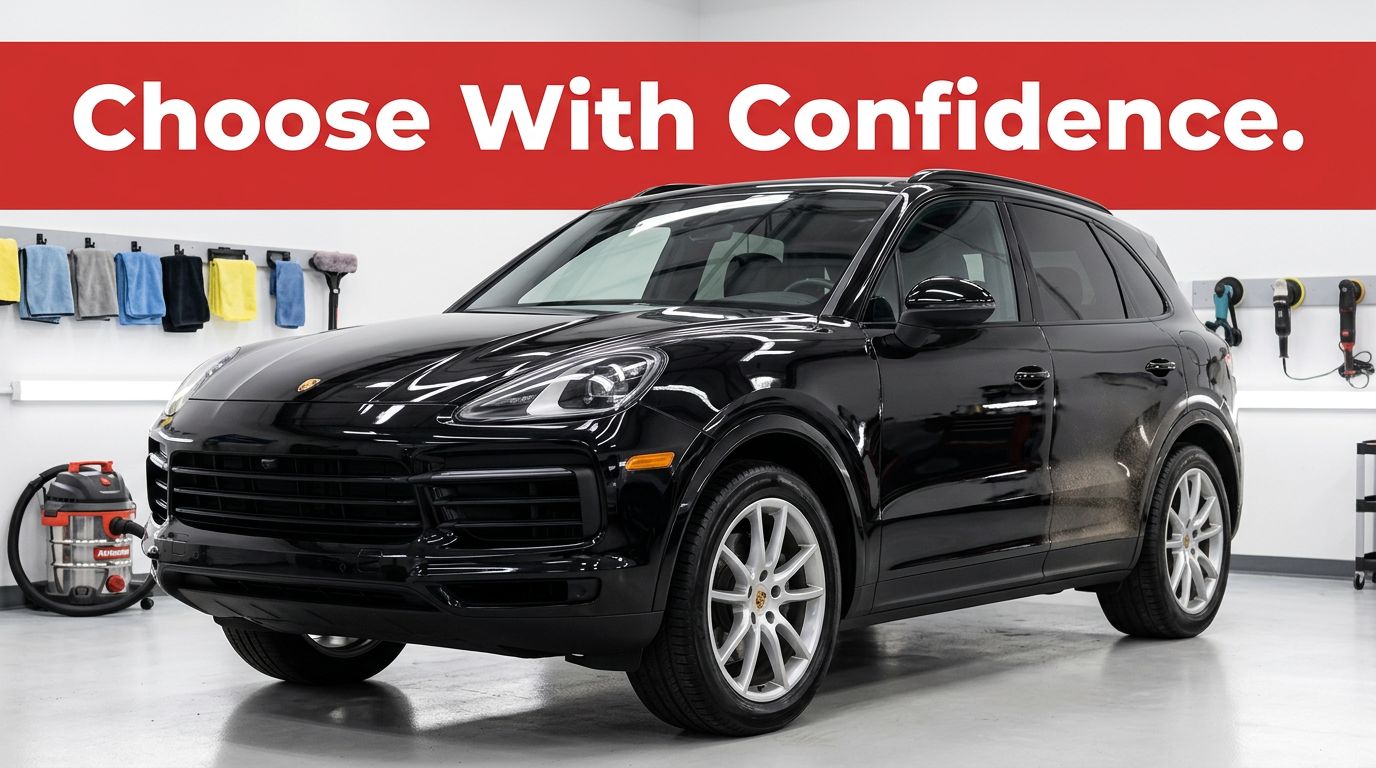 A clean SUV sits in a bright detailing bay with car-care tools nearby.