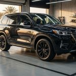 Glossy dark SUV in a Sharjah studio with polished wheels and a red Car Detailing banner.