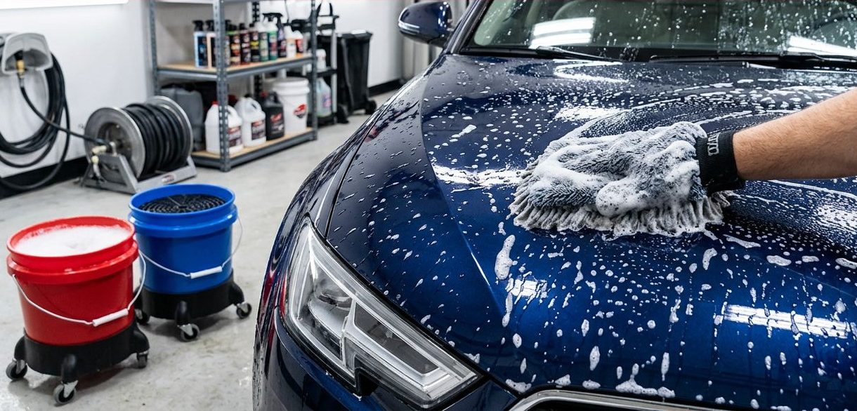 Dark blue car with water beads beside a microfiber mitt and two wash buckets.