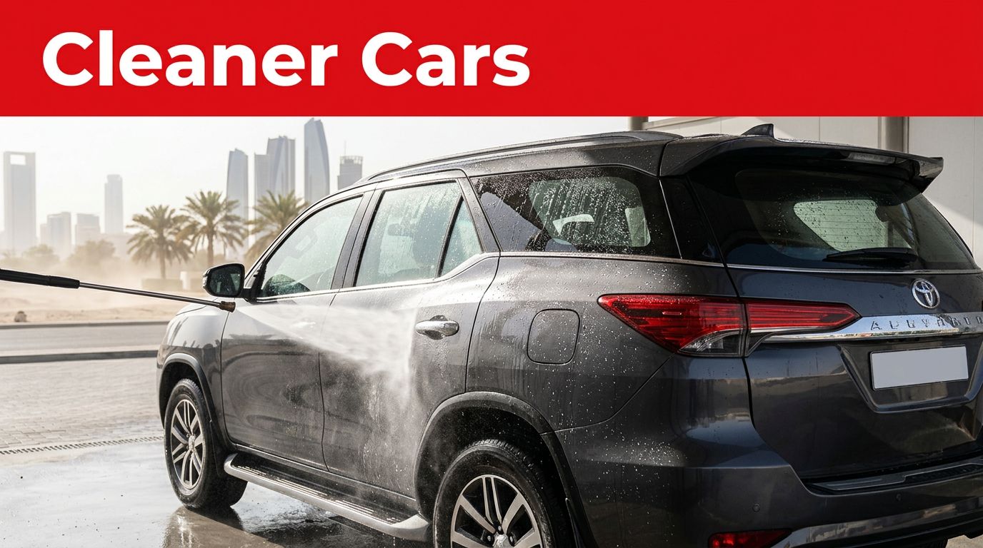 A dark SUV is rinsed at a sunny Abu Dhabi car wash beneath a red headline band.