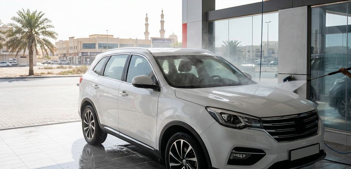 A white SUV is washed at an Ajman car-care station beneath a red headline banner.