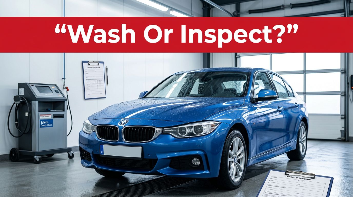 A clean blue sedan in a car wash bay beside an inspection clipboard.