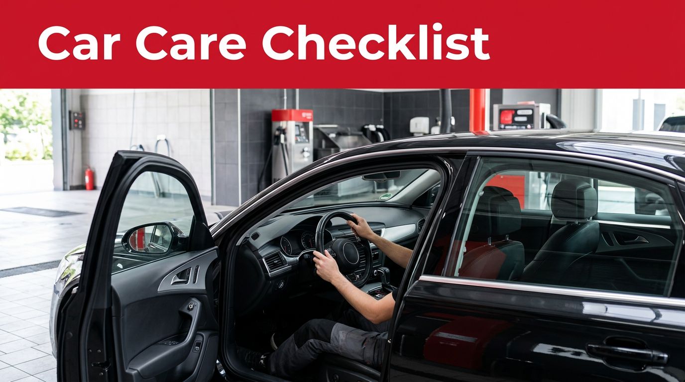Worker inspecting a clean car dashboard through the open driver door.