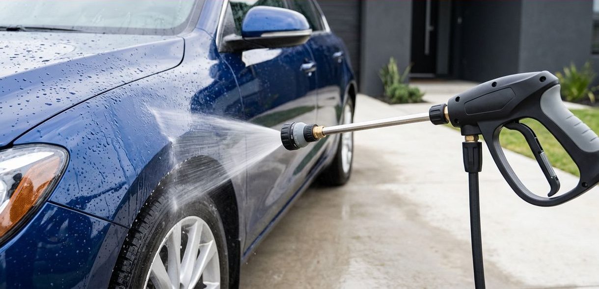 A wash gun sprays water across a glossy dark blue car in a driveway.