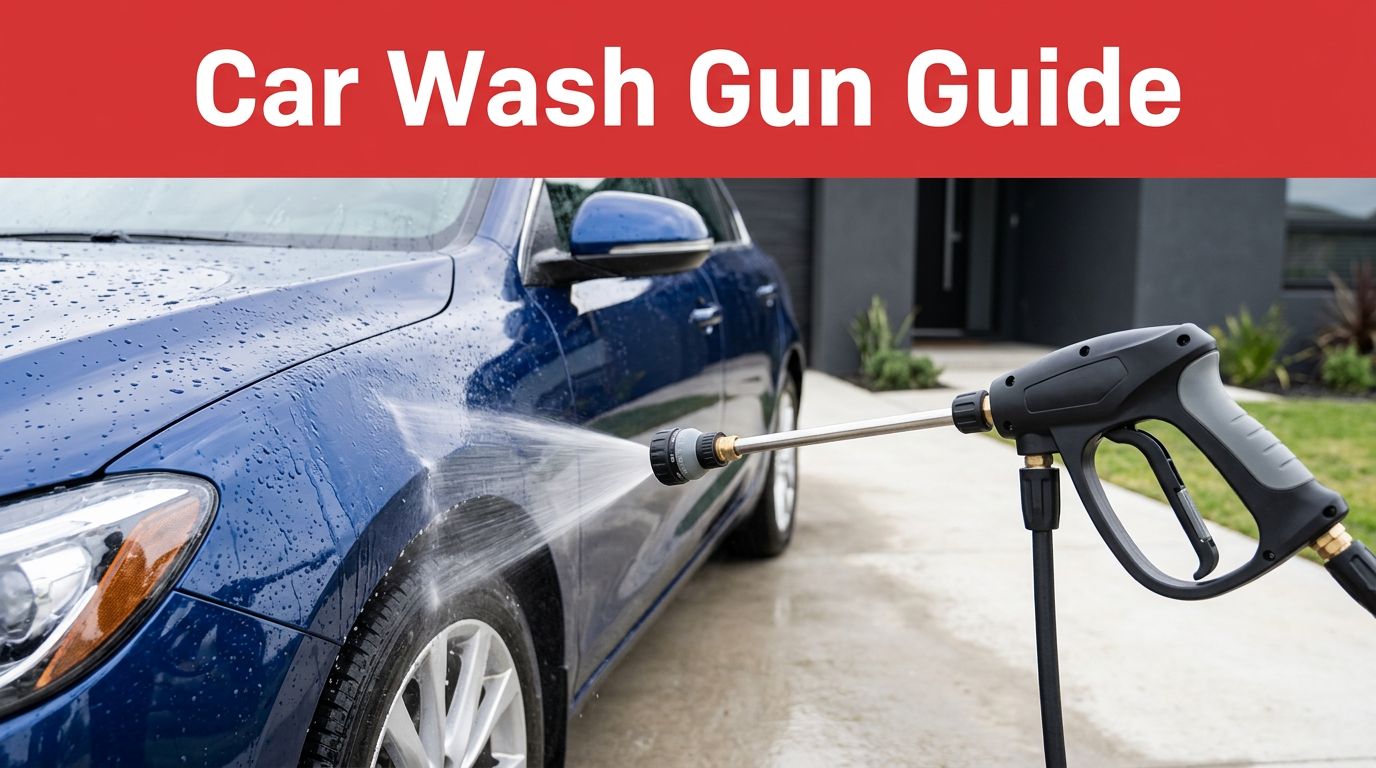 A wash gun sprays water across a glossy dark blue car in a driveway.
