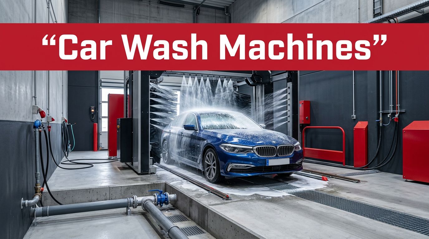 An automatic gantry washes a glossy car with water and foam in a modern bay.