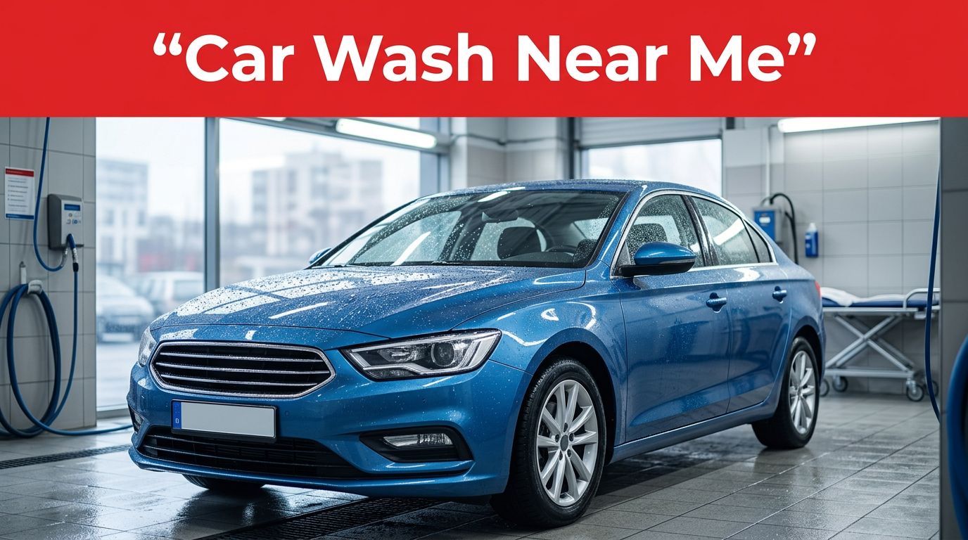 Blue sedan with water droplets inside a bright car wash bay beneath a red headline banner.