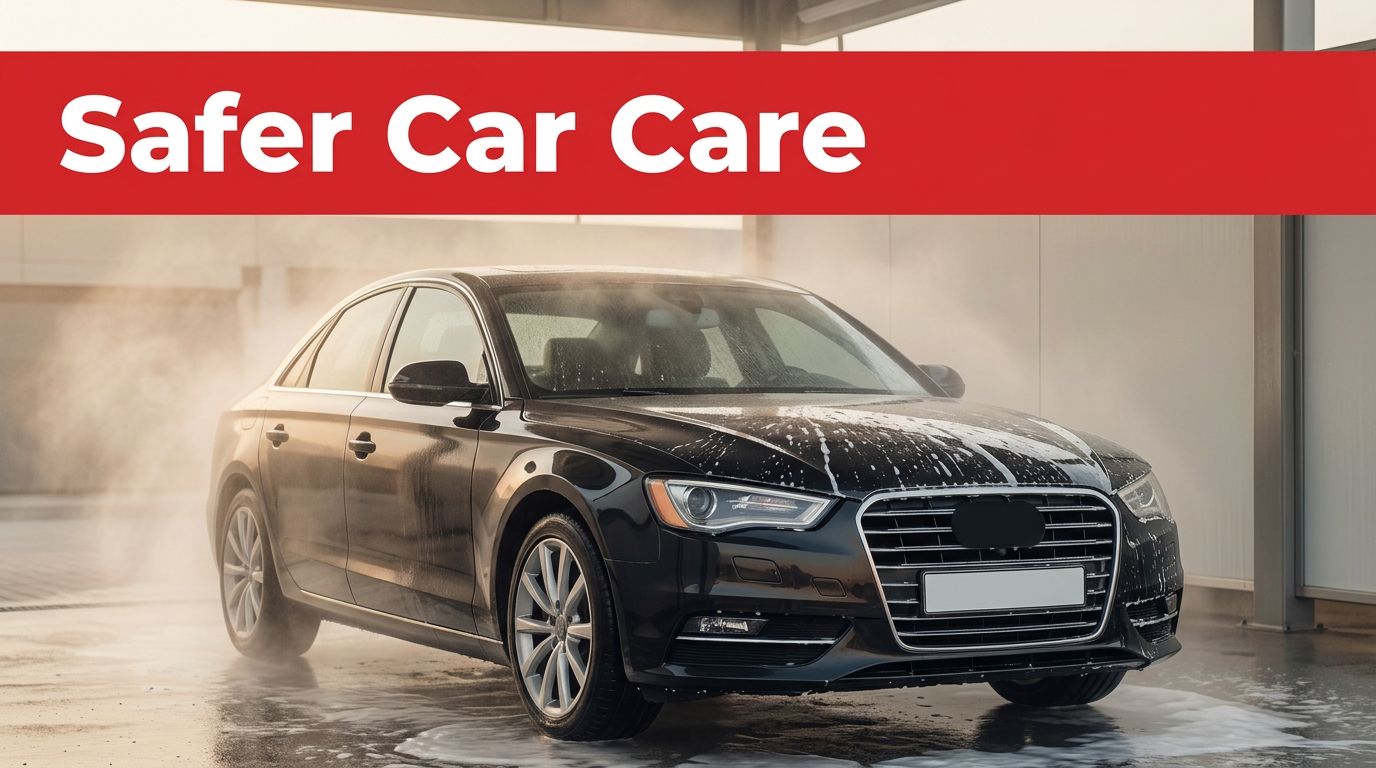 A dark sedan is washed with foam beneath a red Safer Car Care banner.