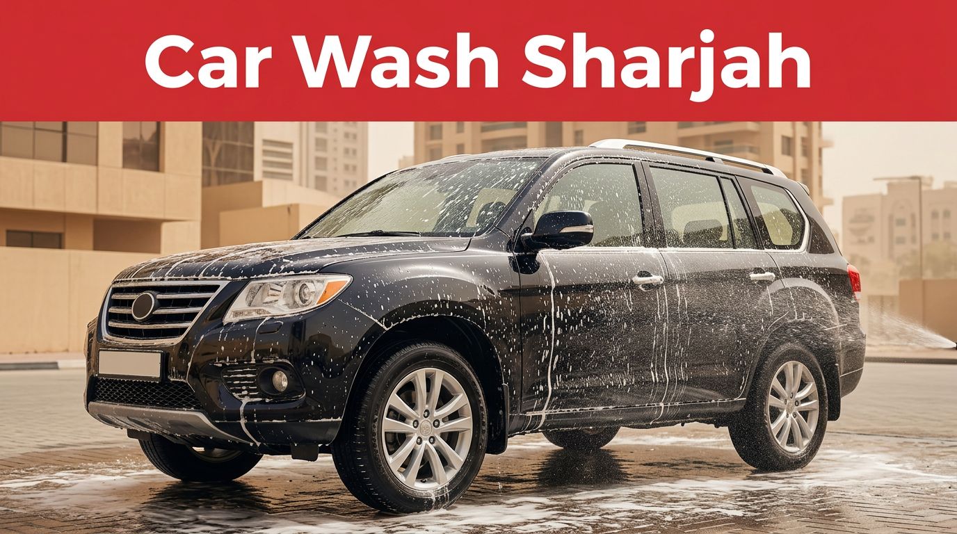A foamy dark SUV is being washed against a warm Sharjah city backdrop.
